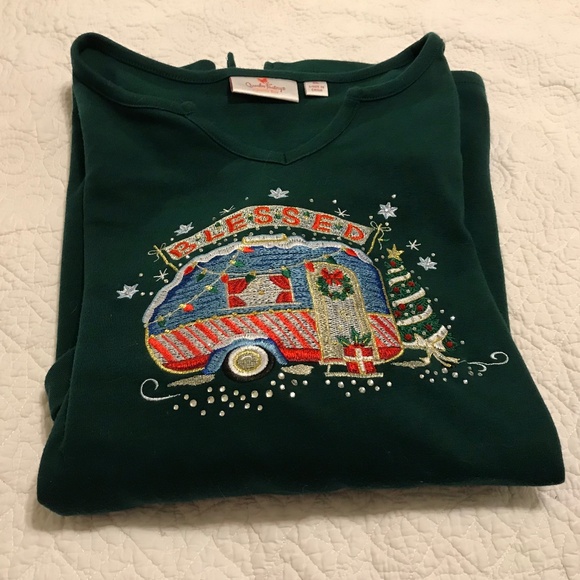 QF forest green 3/4 sleeve top with holiday camper — sparkly! (XL) - Picture 16 of 16